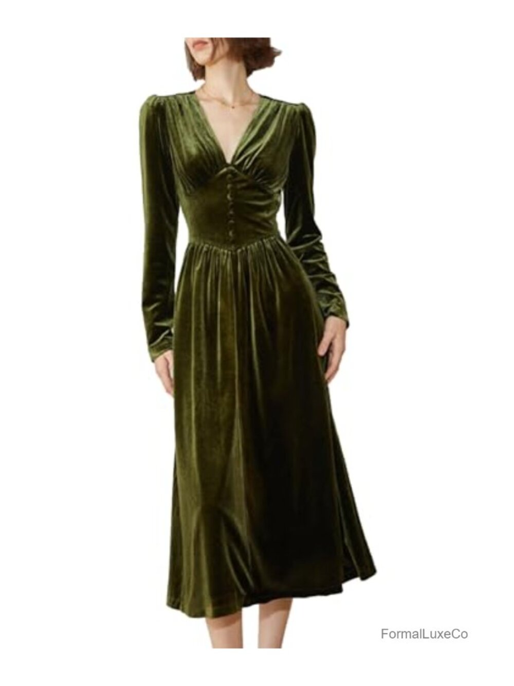 Puff Sleeve Velvet Maxi Dress V Neck Pleated Holiday Party